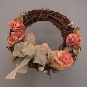 Grapevine Wreath Mauve Pink Flowers White Ribbon